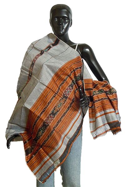 Grey with Saffron Stole with All-Over Ikkat Design