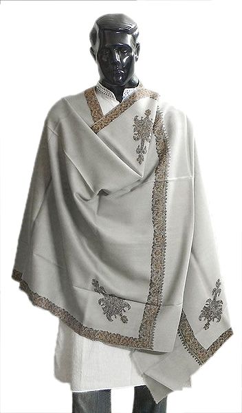 Light Grey Woolen Kashmiri Gents Shawl with Embroidered Border