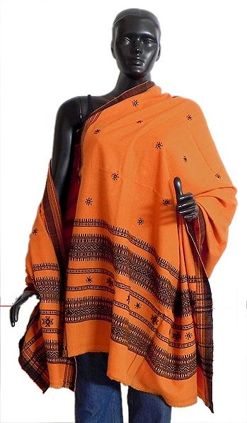 Saffron Woolen Shawl with Gujarati Embroidery and Mirrorwork