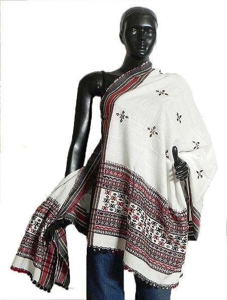 White Shawl from Gujarat with Hand Woven Kutchi Work with Mirrorwork 