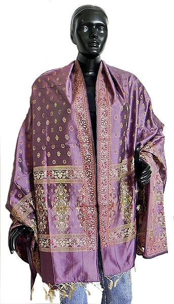 Gorgeous Silk Finish Mauve Ladies Himroo Shawl with All-Over Boota and Designer Border and Pallu