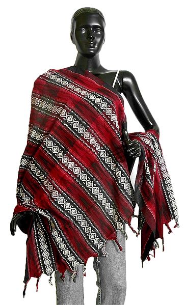 Red with Black Orissa Cotton Stole with All-Over White Weaved Design