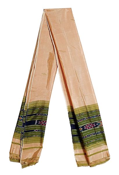 Light Beige with Green Cotton Silk Stole with Ikkat Design