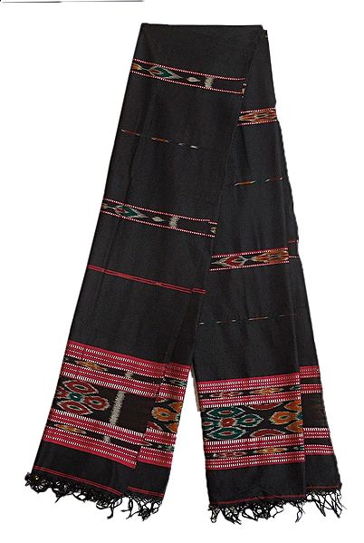 Black Cotton Stole with Ikkat Design Pallu