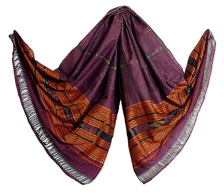 Mauve with Saffron Cotton Silk Stole with All-Over Ikkat Design