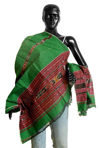 Green with Maroon Silk Cotton Stole with All-Over Ikkat Design