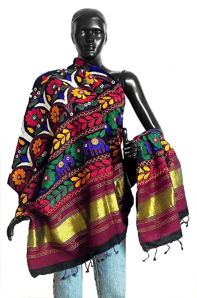 Hand Embroidered Black Ladies Kutchi Shawl from Gujarat
