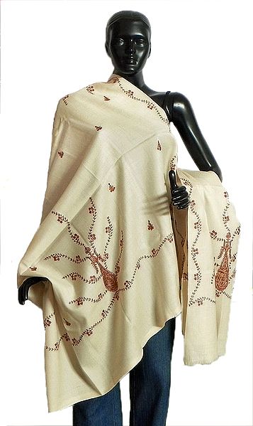 Off-White Kashmiri Tusha Shawl with Sozni Embroidery by Hand 