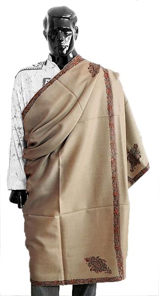 Chamoise Brown Gents Kashmiri Woolen Shawl with Embroidered Border