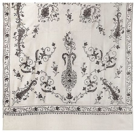 Embroidery on Ivory Kashmiri Woolen Shawl for Ladies