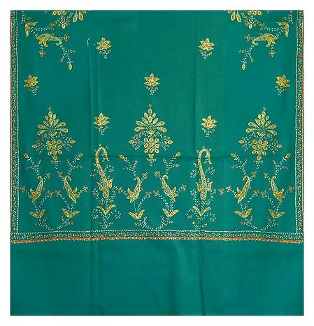 Embroidered Cyan Blue Kashmiri Woolen Shawl for Ladies