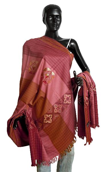 Pink with Brown Kullu Shawl with Weaved Design from Himchal Pradesh