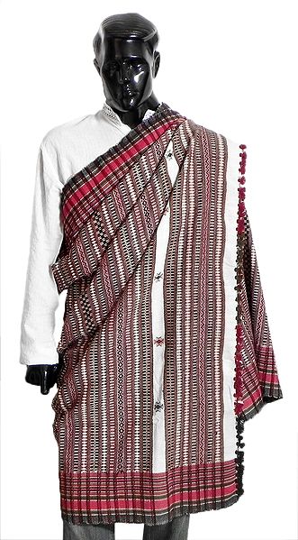 White Woolen Gents Kutchi Shawl with Weaved Design from Gujarat