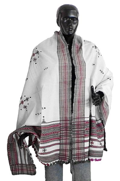 Ladies Kutchi White Shawl with Embroidery and Mirrorwork