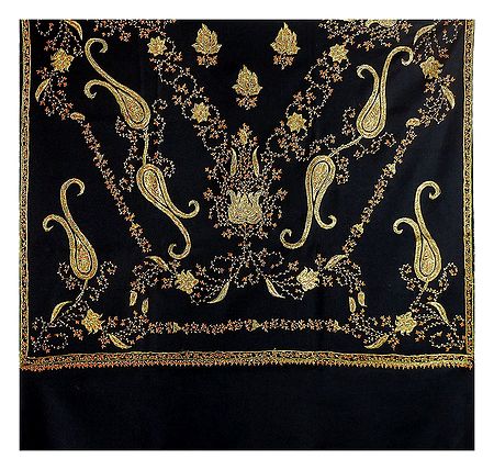 Embroidered Black Kashmiri Woolen Shawl for Ladies
