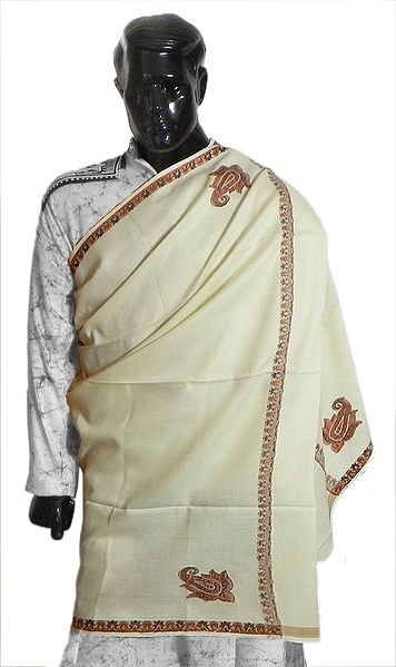 Off-White Woolen Kashmiri Shawl with Weaved Paisley Design