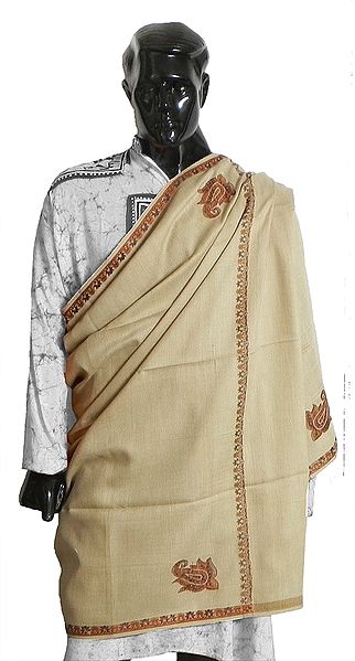 Light Beige Woolen Kashmiri Shawl with Weaved Paisley Design