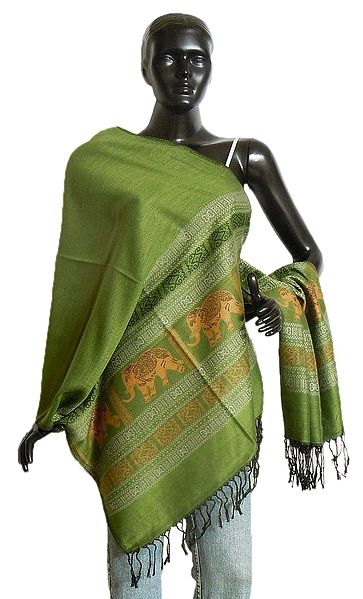 Olive Green Woolen Shawl with Weaved Design