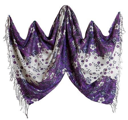 White with Purple Light Woolen Stole with Floral Print