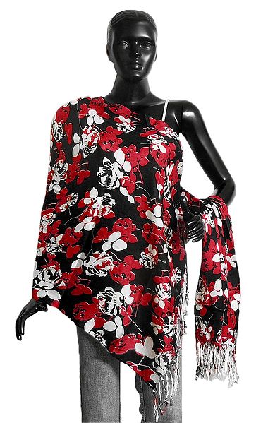 Black Light Woolen Stole with White and Red Floral Print