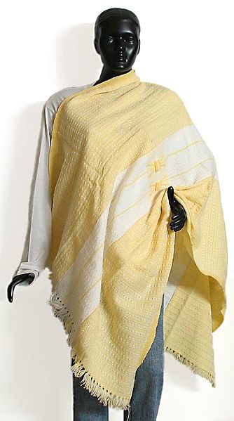 Light Yellow and White Combination Hand Knitted Naga Woollen Shawl