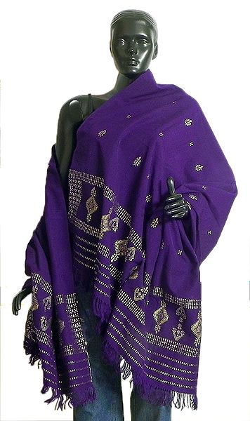Dark Purple Manipuri Shawl with Weaved Threadwork