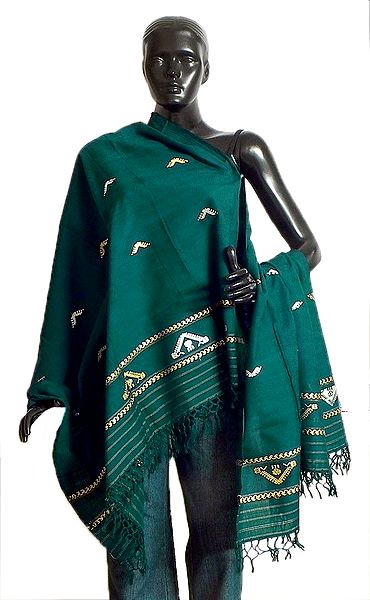 Midnight Green Manipuri Shawl with Weaved Threadwork