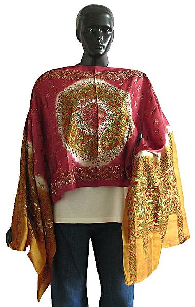 Maroon and Yellow Border Pure Silk Stole with Kantha Stitch All-Over