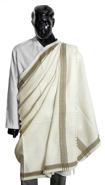 Off-White Woolen Gents Kutchi Shawl with Weaved Design and Plain Border
