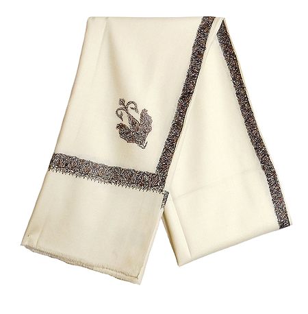 Ivory Woolen Mens Kashmiri Shawl with Embroidered Border