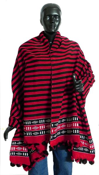 Red and Black Combination Striped Woolen Naga Shawl with Weaved Design