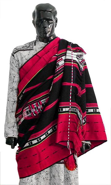 Red, Black and White Combination Striped Woolen Mens Naga Shawl with Weaved Design