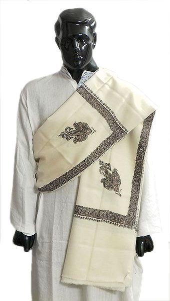 Ivory Color Woolen Kashmiri Gents Shawl with Embroidered Border