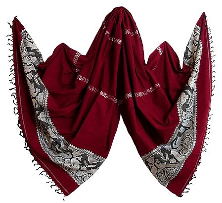 Red Orissa Cotton Stole with Baluchari Peacock Design Pallu