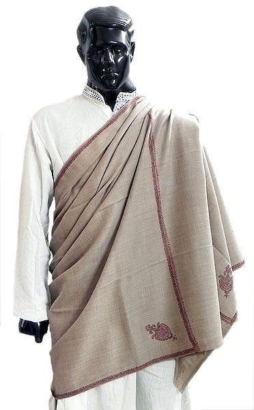 Light Brown Woolen Kashmiri Gents Shawl with Embroidered Border