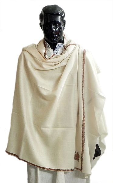 Ivory Color Woolen Kashmiri Gents Shawl with Embroidered Border