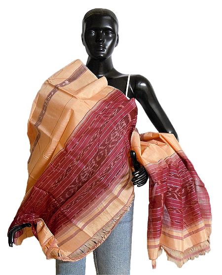 Peach with Maroon Silk Cotton Stole with All-Over Ikkat Design