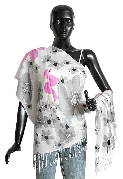 Grey and Pink Floral Print on White Light Woolen Stole