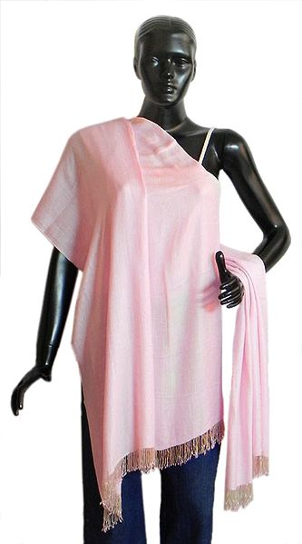 Light Pink Woolen Stole with Beaded Fringe