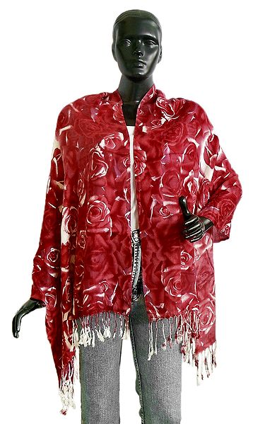 Red Floral Print on White Light Woolen Stole