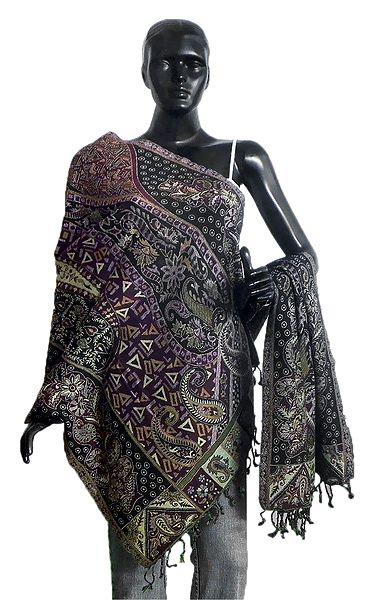 Weaved Paisley Design Maroon with Yellow Reversible Woolen Stole