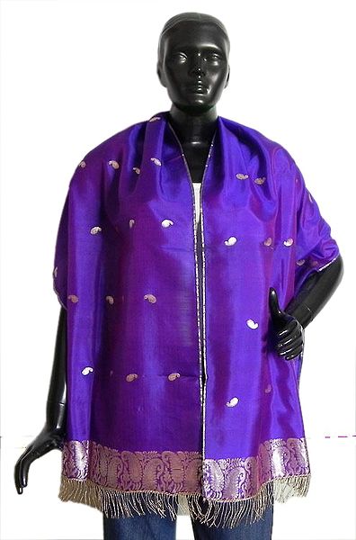 Purple Pure Silk Stole with All over Boota, Zari Border