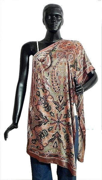 Light Brown with Black and Green Printed Satin Silk Stole