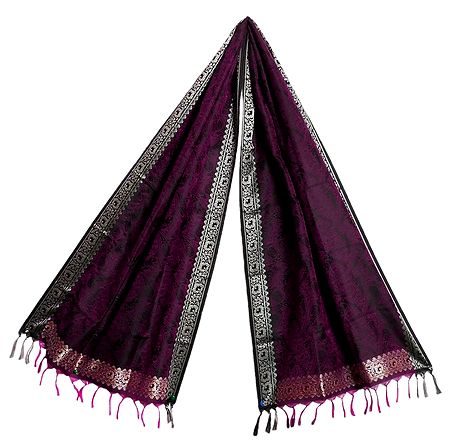 Purple with Black Banarasi Tanchoi Stole with Paisley Design 