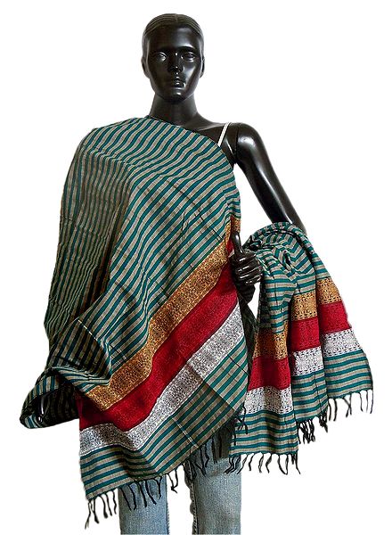 Cyan with Grey Stripe Bomkai Cotton Stole with Weaved Design Pallu