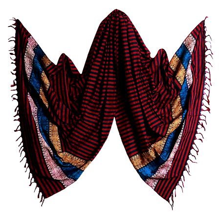 Red with Cyan Stripe Orissa Bomkai Cotton Stole with Weaved Design Pallu