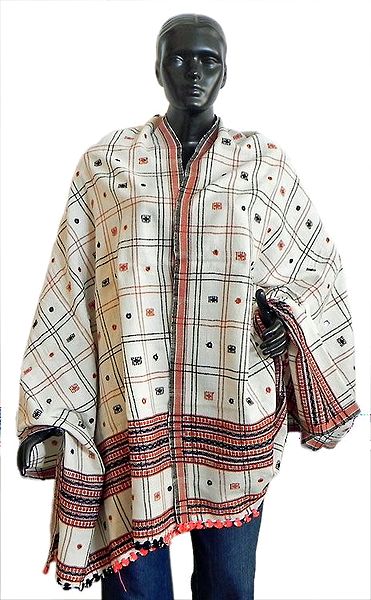 Check Design with Mirrorwork on White Woolen Shawl from Kutch