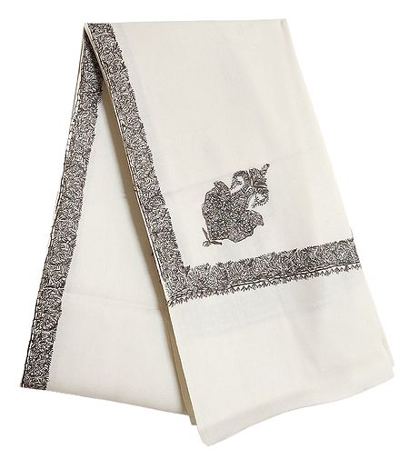 Ivory Woolen Gents Shawl with Embroidered Border