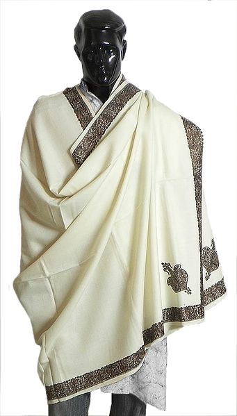 Ivory White Woolen Kashmiri Gents Shawl with Embroidered Border