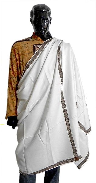 White Woolen Mens Shawl with Woven Border